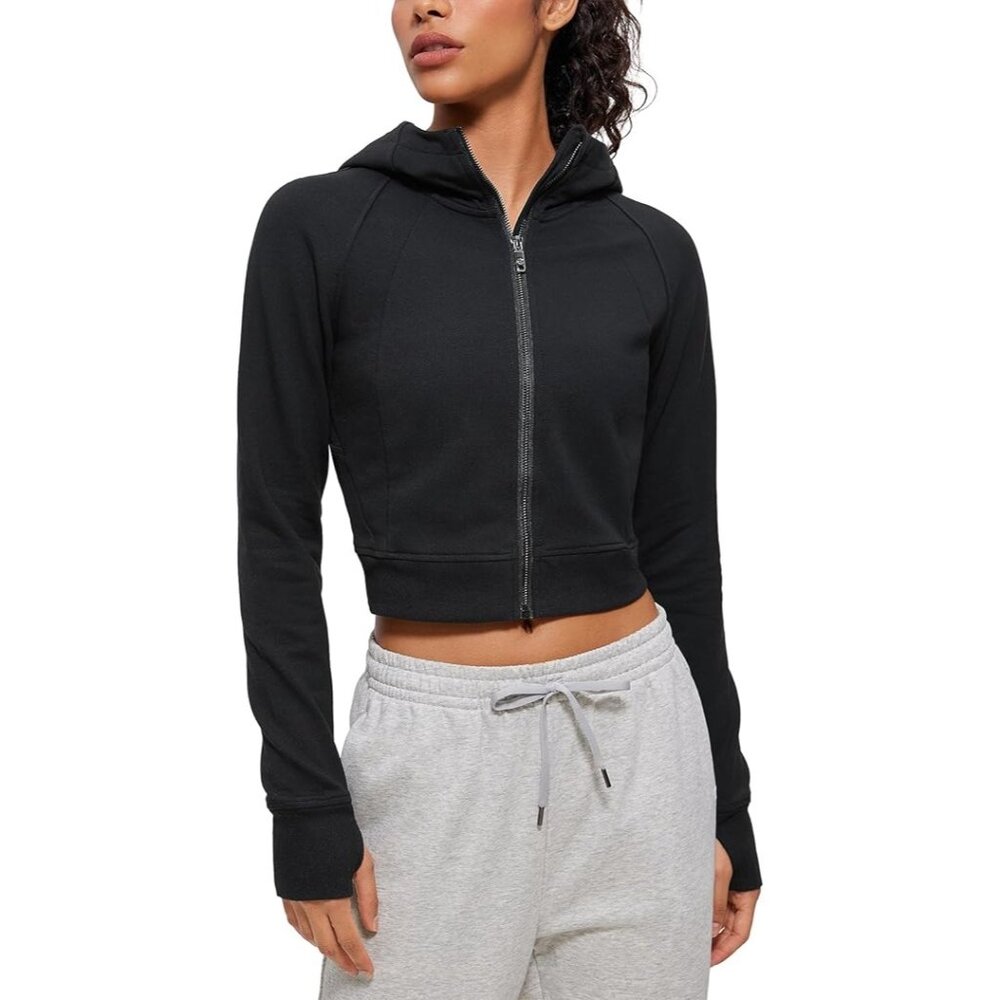 CRZ YOGA Women's Fleece Lined Zip Up Cropped Hoodie - Long Sleeve with Thumbhole